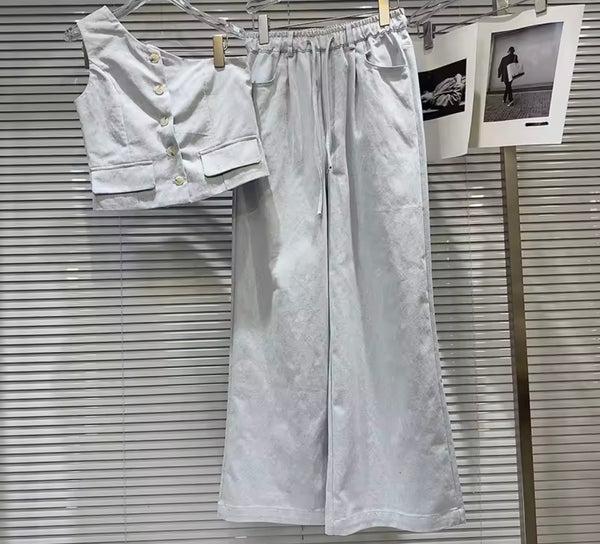 Women Fashion Button Up One Shoulder Two Piece Wide Leg Pant Set