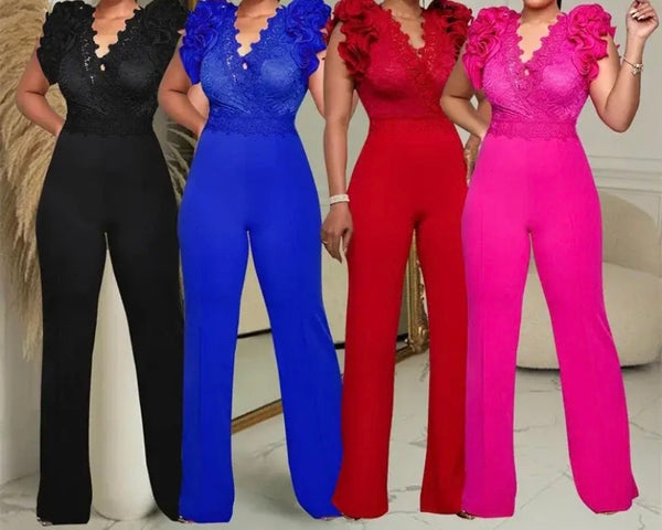 Women Sexy Color Ruffled Lace Patchwork Short Sleeve Jumpsuit
