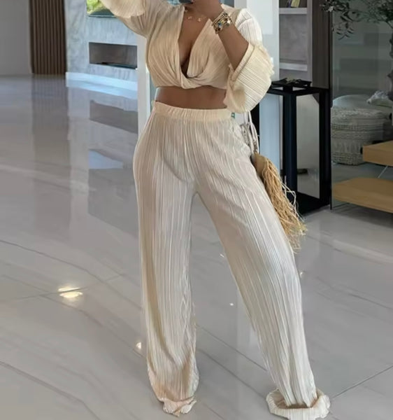 Women Sexy Full Sleeve Crop Solid Color Two Piece Pant Set
