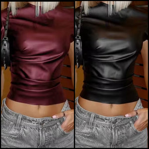Women Fashion PU Short Sleeve Ruched Top