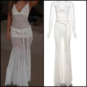 Women Sexy Sleeveless White Mesh Maxi Dress