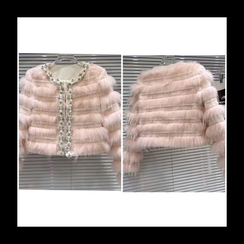 Women Fashion Pink Rhinestone Pearl Faux Fur Jacket