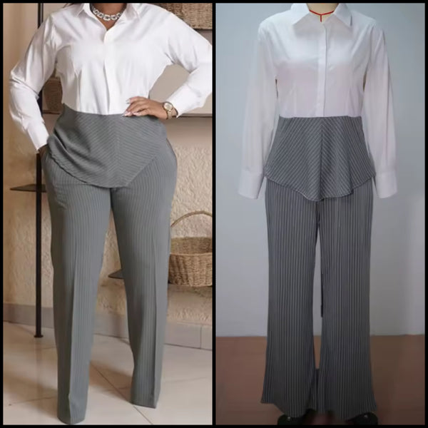 Women Collar Button Up Striped Two Piece Pant Set