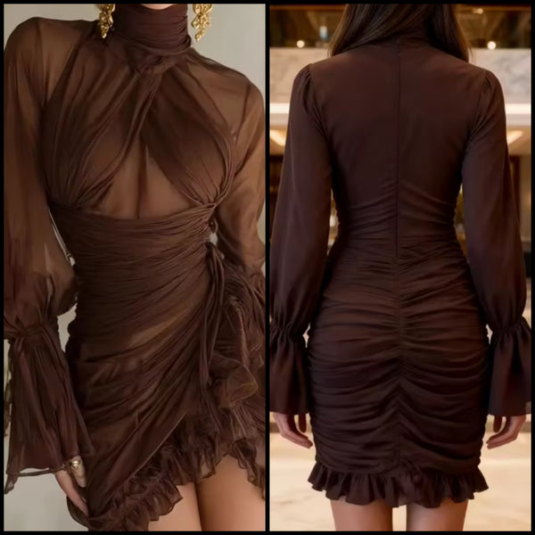 Women Sexy Brown Ruched Ruffle Mesh Full Sleeve Dress