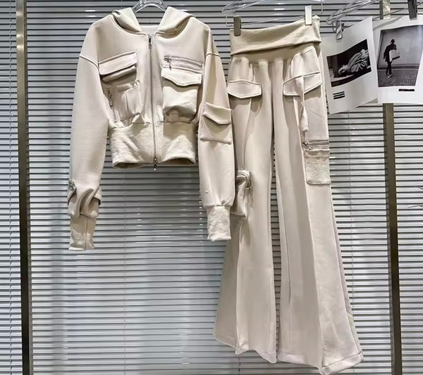 Women Fashion Zip Up Hooded Cargo Two Piece Pant Set