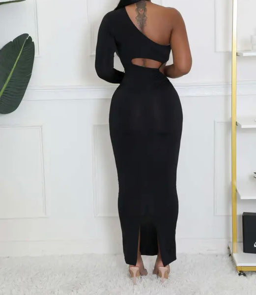 Women Sexy Solid Color One Shoulder Full Sleeve Maxi Dress