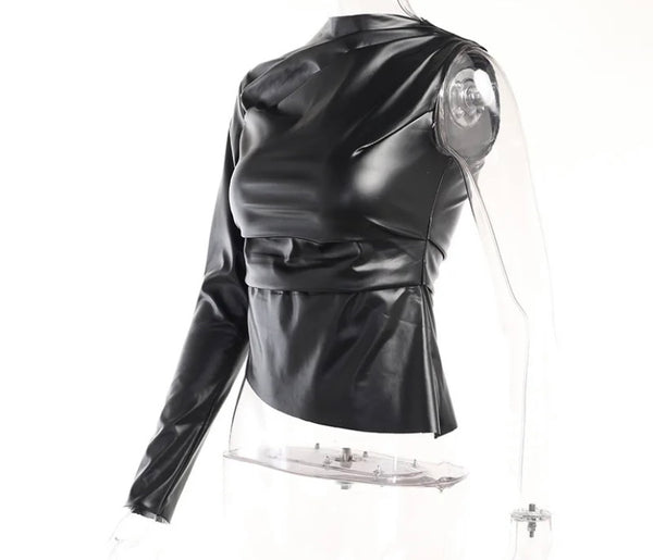 Women One Shoulder Full Sleeve Faux Leather Top