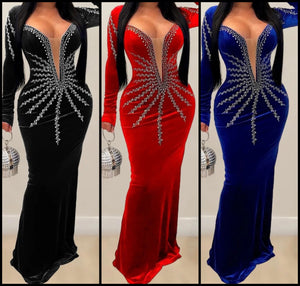 Women Full Sleeve Bling Mesh Patchwork Velour Maxi Dress