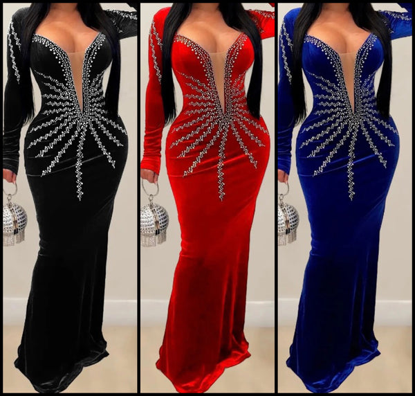 Women Full Sleeve Bling Mesh Patchwork Velour Maxi Dress