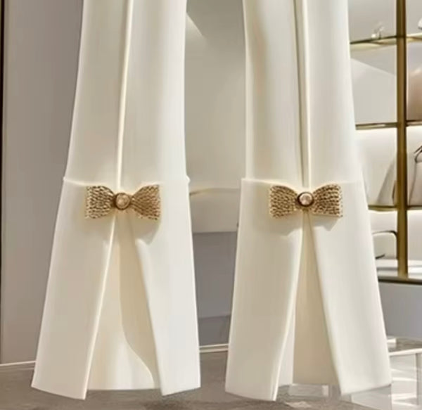 Women Fashion White Gold Bow Pants