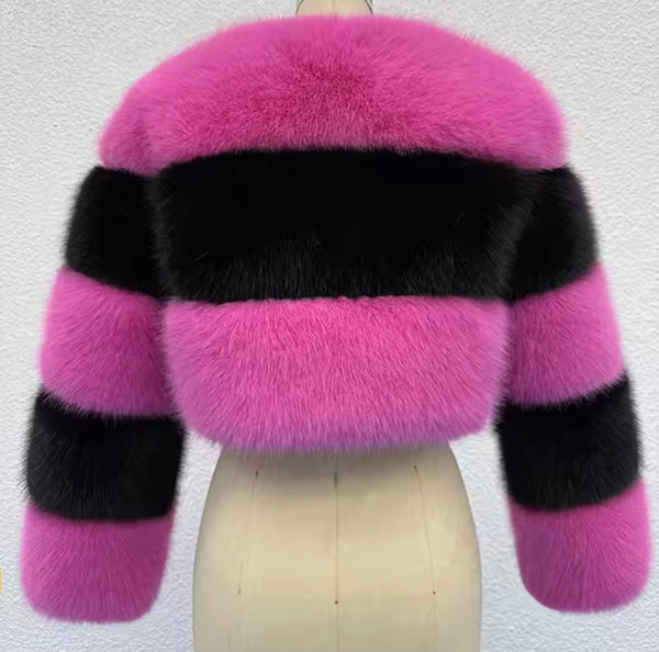 Women Fashion Color Patchwork Striped Faux Fur Jacket
