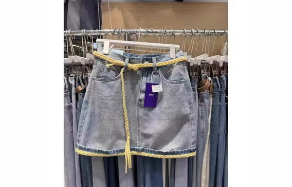 Women Fashion Denim Yellow Rope Patchwork Skirt