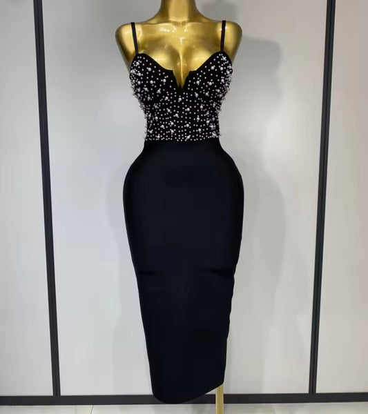 Women Sexy Sleeveless Beaded Pearl Bandage Dress