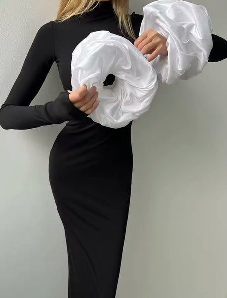 Women Sexy B&W Turtleneck Full Detachable Cuff Sleeve Maxi Dress