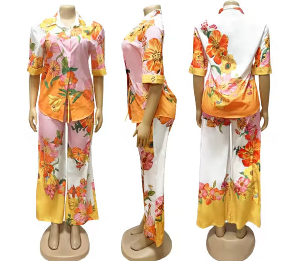 Women Fashion Button Up Printed Short Sleeve Two Piece Pant Set