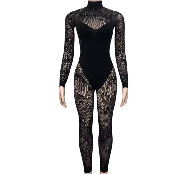 Women Sexy Black Full Sleeve Lace Mesh Jumpsuit