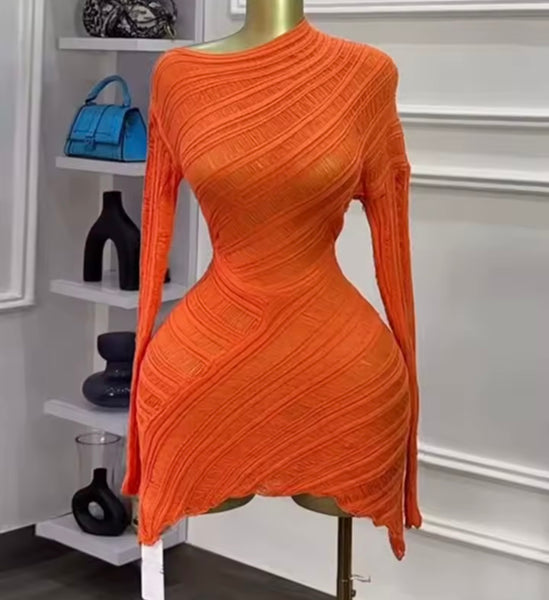 Women Sexy Solid Color Full Sleeve See Through Dress
