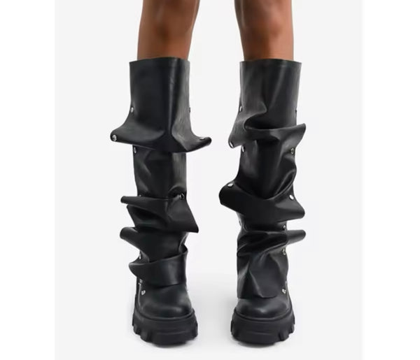 Women Fashion Faux Leather Button Platform Knee High Boots