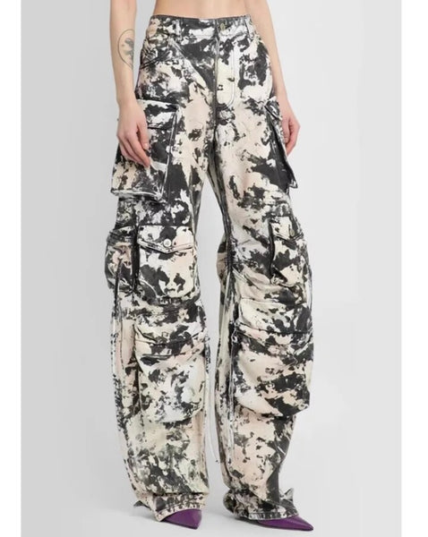 Women Fashion B&W Tie Dye Cargo Denim Pants