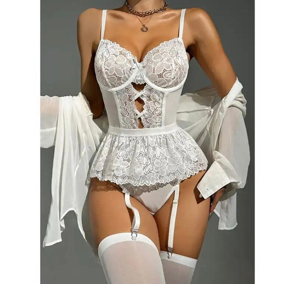 Women Sexy Sleeveless Lace Bodysuit Lingerie Set