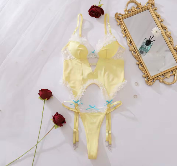 Women Yellow Ruffled Sexy Bow Lingerie Set