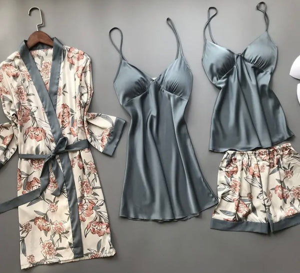 Women Floral Sexy Satin Four Piece Lingerie Set