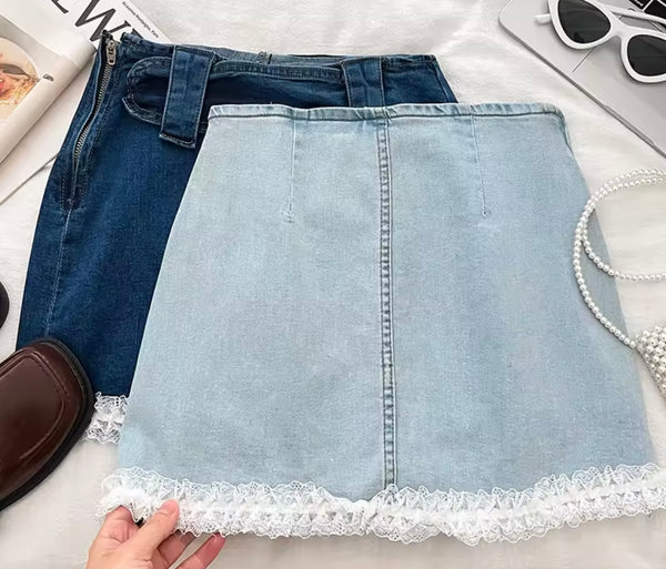 Women Sexy Fashion Lace Patchwork Denim Skirt