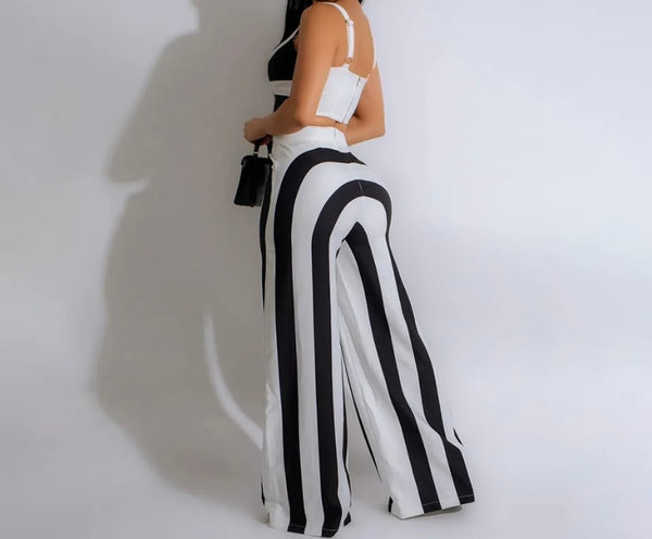 Women Sexy Fashion Sleeveless Striped Two Piece Pant Set