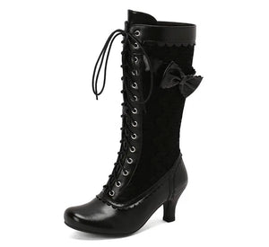 Women Fashion Lace Bow Faux Leather Lace Up Boots