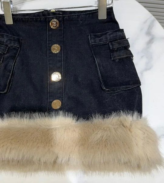 Women Fashion Button Up Faux Fur Patchwork Denim Skirt