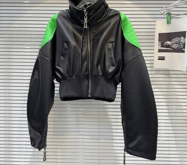 Women Fashion Color Patchwork Faux Leather Jacket