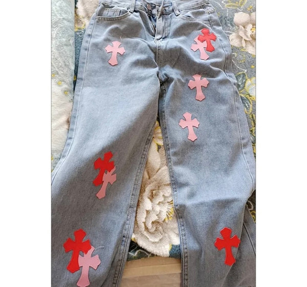 Women Fashion Color Cross Denim Pants