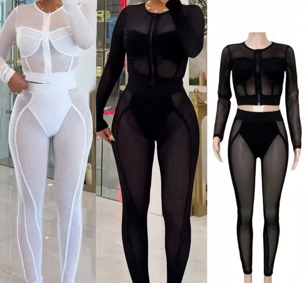 Women Sexy Zip Up Full Sleeve Mesh Two Piece Pant Set