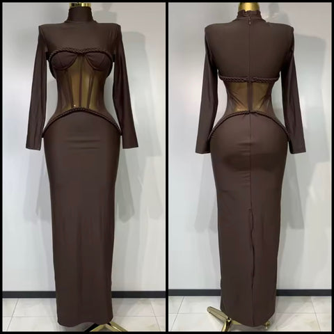Women Brown Turtleneck Full Sleeve Rope Mesh Patchwork Maxi Dress