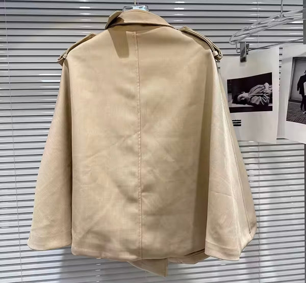 Women Khaki Fashion Trench Jacket Two Piece Ruffled Skirt Set