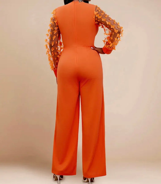 Women Sexy Orange Full Sleeve Belted Wide Leg Jumpsuit