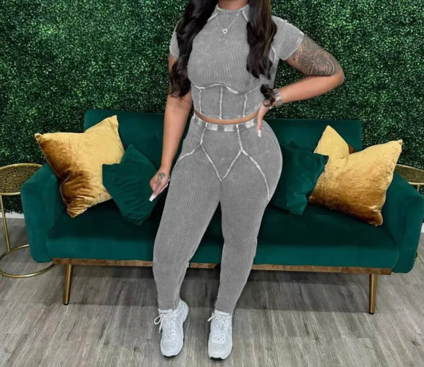 Women Fashion Ribbed Short Sleeve Two Piece Pant Set