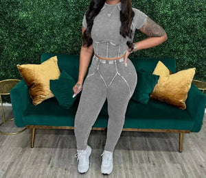 Women Fashion Ribbed Short Sleeve Two Piece Pant Set