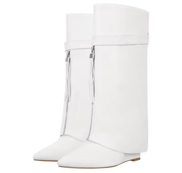 Women Fashion Pointed Toe Front Zipper Wedge Knee High Boots