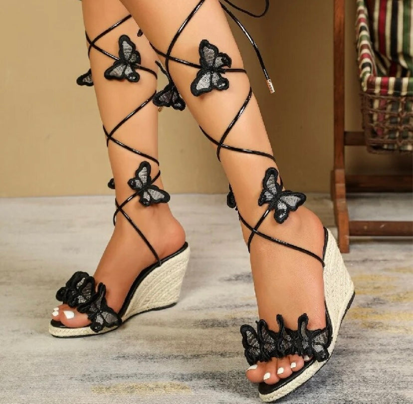 Women Fashion Butterfly Wedge Platform Lace Up Sandals