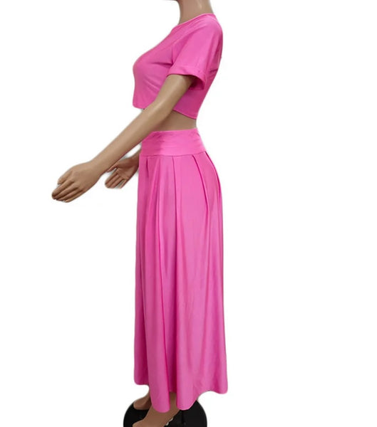 Women Fashion Short Sleeve Solid Color Two Piece Maxi Skirt Set