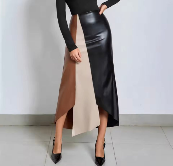 Women Fashion Color Patchwork Faux Leather Maxi Skirt