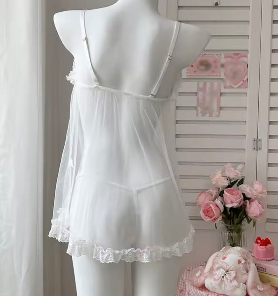 Women Sexy Sleeveless Ruffled Mesh Lingerie Set