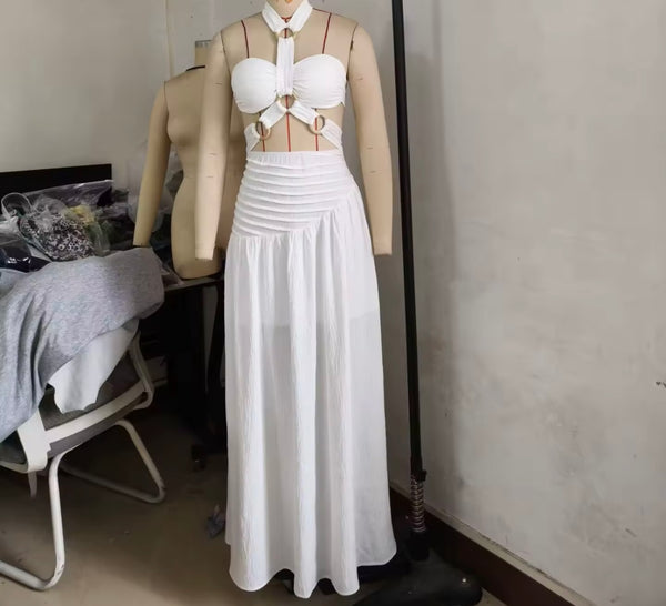 Women White Halter Sleeveless Sexy Two Piece Maxi Skirt Set