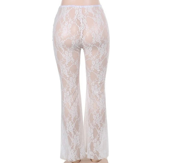 Women Sexy Fashion White Pink Bow Lace Pants