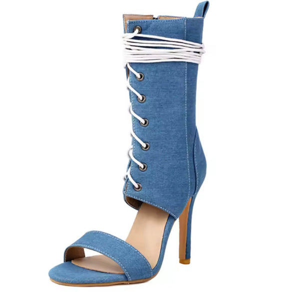 Women Color Open Toe Fashion Lace Up Ankle High Heel Boots