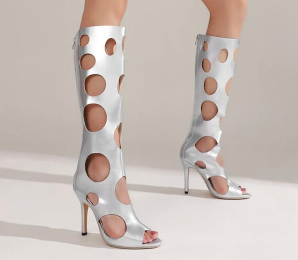Women Fashion Circle Cut Out Faux Leather Knee High Boots
