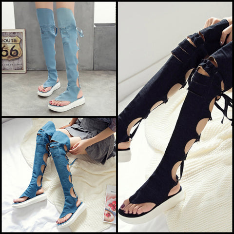 Women Fashion Open Toe Denim Lace Up Knee High Sandals