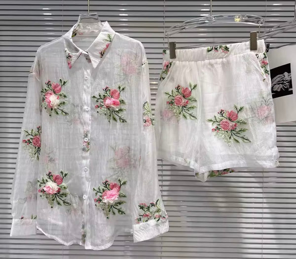 Women Floral Collar Button Up Full Sleeve Two Piece Short Set