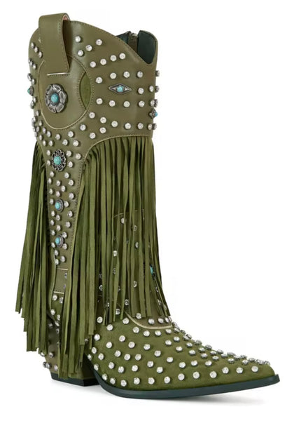 Women Color Rhinestone Fringe Tassel Fashion Western Boots